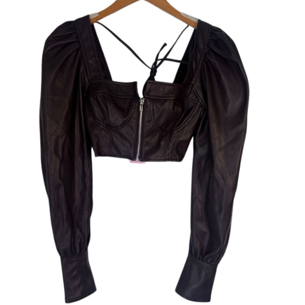 Rehab Lab NWT Brown‎ Faux Leather Long Statement Sleeve Crop Top Size Small